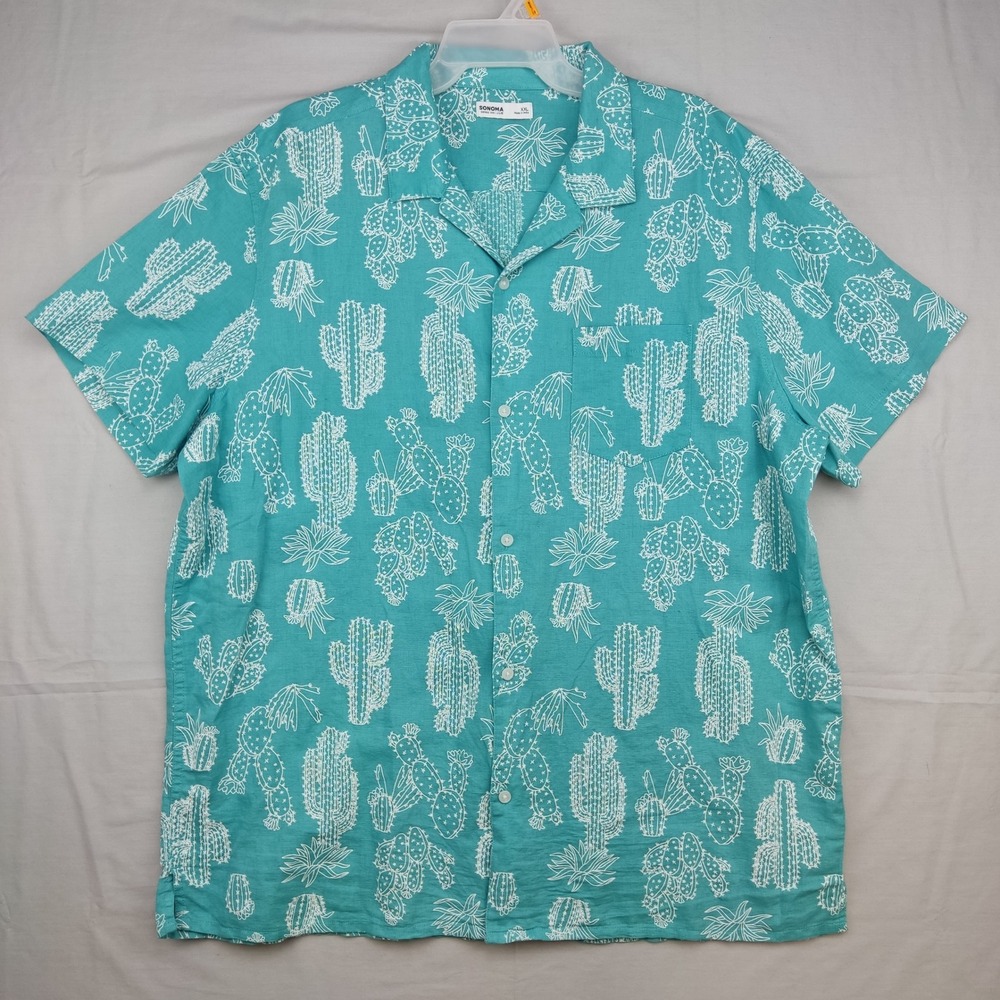 Sonoma Button Down Mens XXL Teal Cactus Print Linen Cotton Short Sleeve Shirt